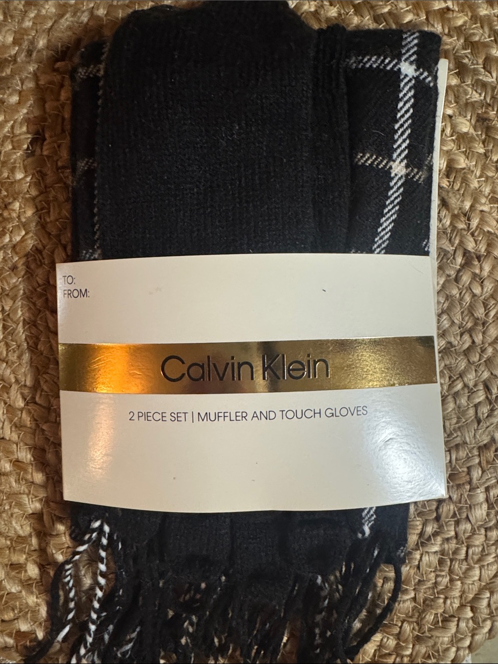 Calvin Klein Black & White Plaid Scarf with Black Touch Gloves